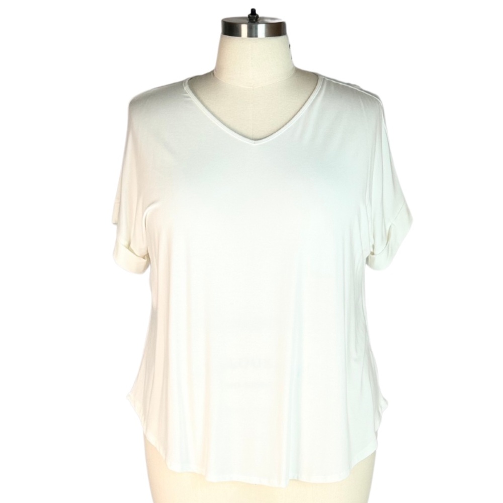 Womens Plus Size White V-Neck T-Shirt with Drop Shoulder and Cuffed Sleeves